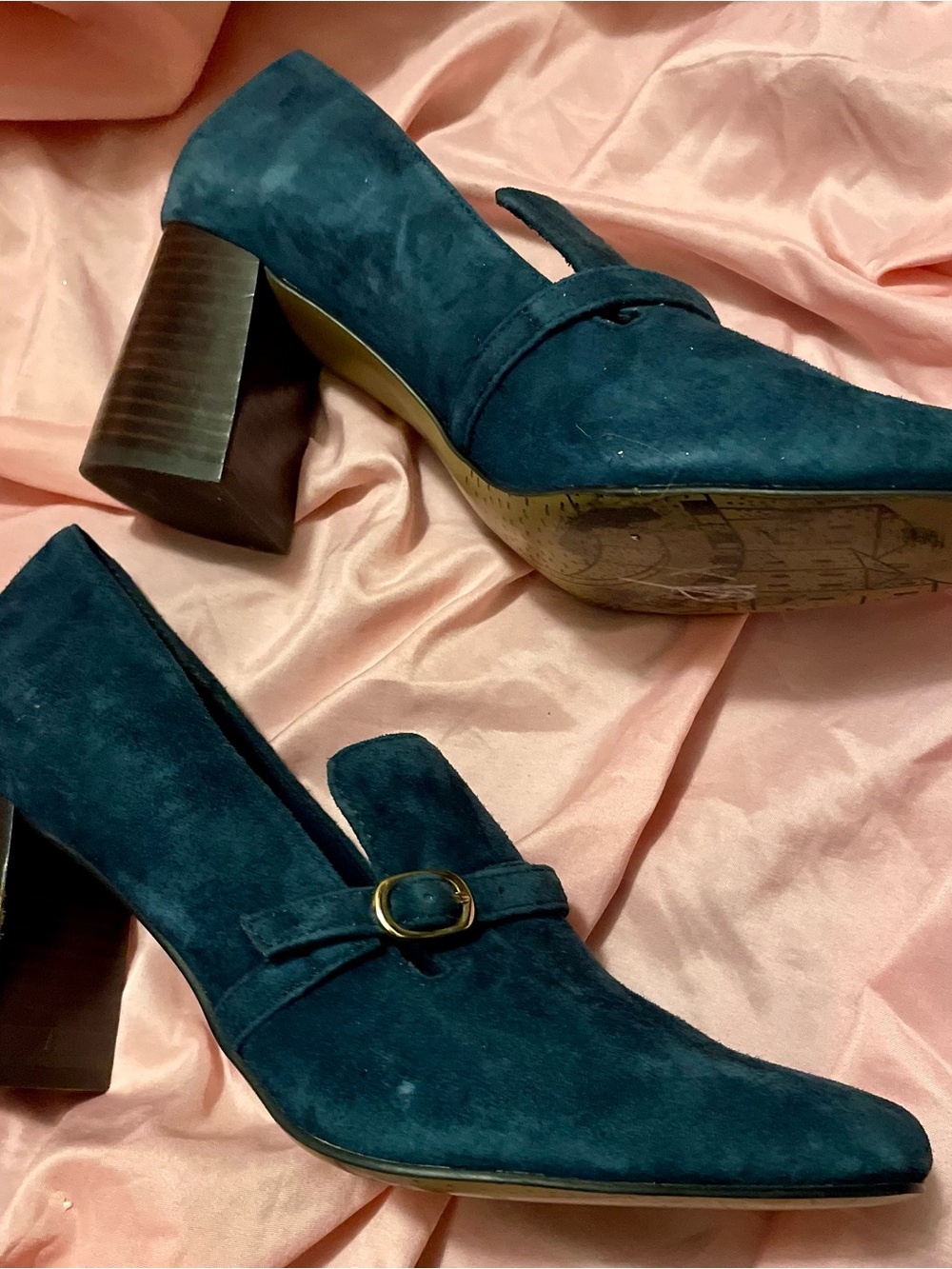 Bella Vita Teal Suede Block Heel Loafers with Buckle Strap